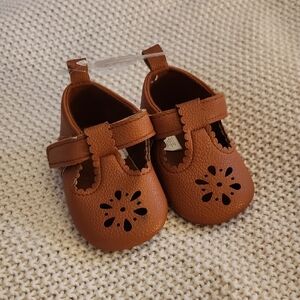 Brown T-Strap Baby Walker Shoes with Floral Design